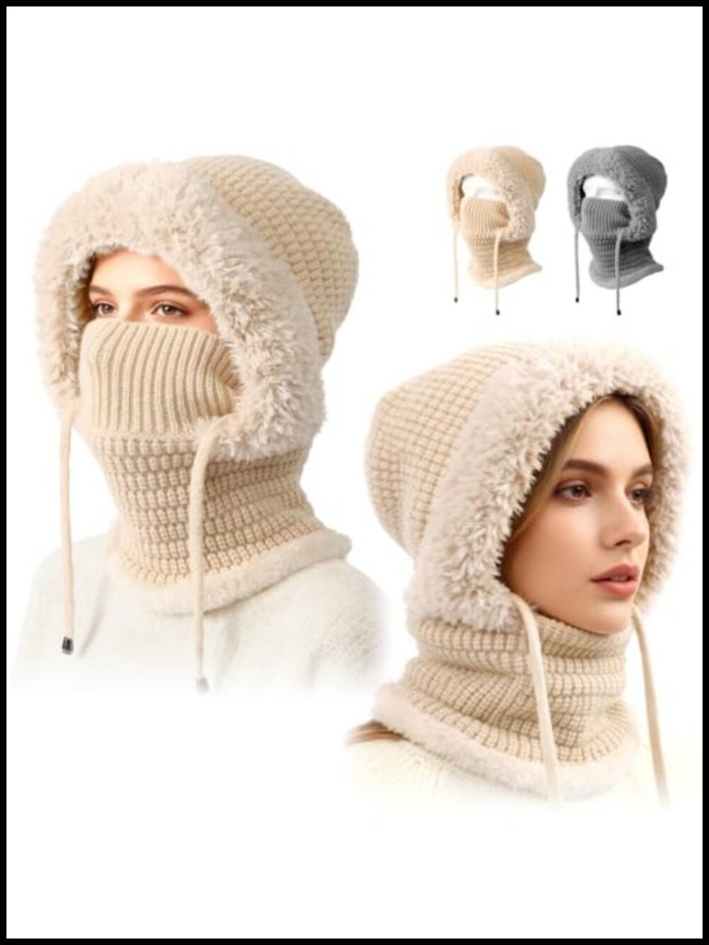 3 in 1 Knitted Beanie Hat Balaclava Wind Resistant Hooded Scarf
